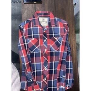 Vintage Roebuck & Co Flannel Shirt Mens Small S Blue Red Plaid Western Button